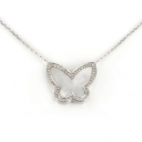 18k White Gold Mother of Pearl Diamond Set Butterfly Pendant
